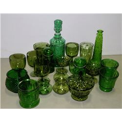 BOX OF GREEN DEPRESSION GLASS AND MORE INCL.