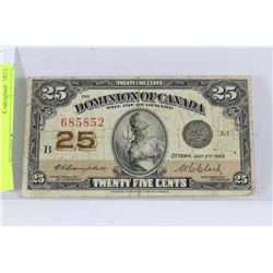1923 DOMINION OF CANADA 25 CENT SHINPLASTER BANK