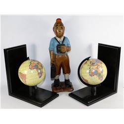 SET OF GLOBE BOOK ENDS & HAND CARVED BIRD WATCHER