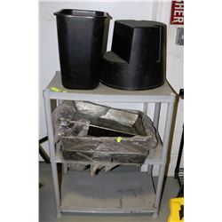 GARBAGE CAN, STEP STOOL & GREY SHELF