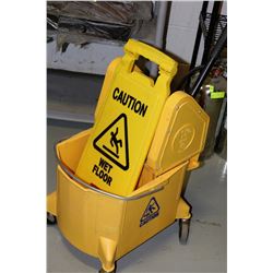 RUBBERMAID MOP BUCKET W/ CAUTION SIGN