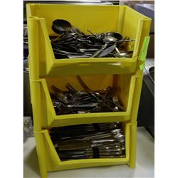 3 BINS OF SILVERWARE INCL SPOONS, KNIVES,FORKS