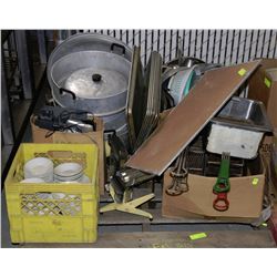 PALLET OF DISHES, FRYER BASKETS, POTS, PANS, ETC