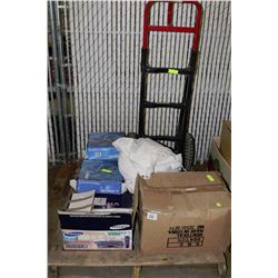 PALLET WITH DOLLEY, PLATES, TABLECLOTHS, ETC.