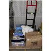 Image 1 : PALLET WITH DOLLEY, PLATES, TABLECLOTHS, ETC.