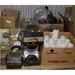 PALLET OF DISHES, COFFEE POTS, WARMERS, ETC.