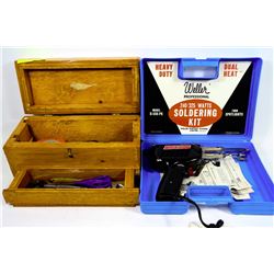 BOX WITH WELLA SOLDERING GUN AND WOODEN TOOL BOX