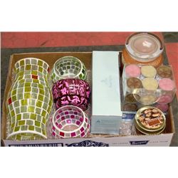 FLAT OF NEW ASSORTED CANDLES,MOSAIC HOLDERS & MORE