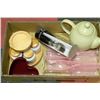 Image 1 : BOX W/NEW SPICE CADDY & SPICES, TEA POT,