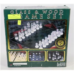 GLASS & WOOD 3 GAME SET (CHECKERS/CHESS/BACKGAMMON