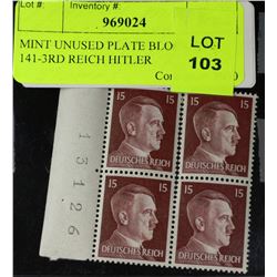 MINT UNUSED PLATE BLOCK OF 4 141-3RD REICH HITLER