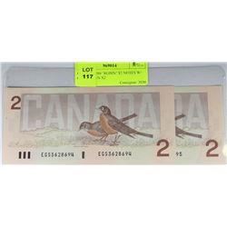 UNCIRC. 1986 "ROBIN" $2 NOTES W/ CONSEC. S/N X2