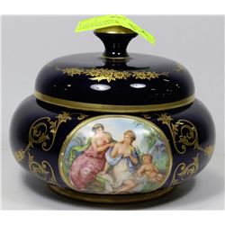 VINTAGE COBALT BLUE GOLD TRIM HAND PAINTED LIDDED