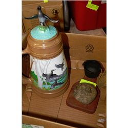 LARGE HANDPAINTED STEIN WITH GOOSE ON TOP &