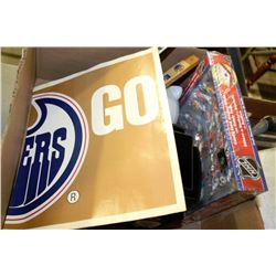 BOX WITH VINTAGE OILER ITEMS INCLUDING LARGE PIG