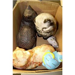 BOX OF DECORATIVE CATS INCLUDING CAT BANK