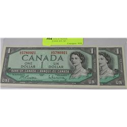 UNCIRC. 1954 $1 NOTES CONSECUTIVE S/N  X2