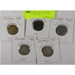 LOT OF 5 GERMANY 10 PFENNIG COINS INCL 1900-1924