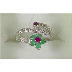 #9-925 SILVER NATURAL RUBY & EMERALD CZ RING SIZE7