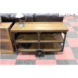 RAILROAD STYLE SOFA TABLE (WHEEL NEEDS REPAIR)