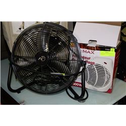 LOT OF 2 INCL. HEATER AND ROUND FLOOR FAN