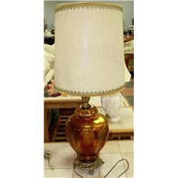 VINTAGE AMBER GLASS LAMP WITH BRASS BASE & SHADE