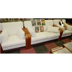 TEAK FRAMED LOVESEAT AND 2 CHAIRS