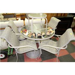 GLASS TOP PATIO TABLE WITH 4 CHAIRS AND END TABLE