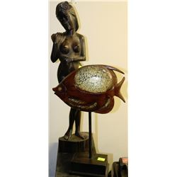 LOT OF 2 HOUSEHOLD STATUES INCL. FISH AND CARVED