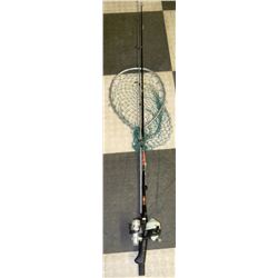 TWO FISHING RODS WITH REELS & NET
