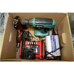 BOX OF MISC TOOLS W/ 3 INVERTERS, 2 CORDLESS DRILL