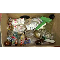 BOX OF MISC ORNAMENTS INCL. CRANBERRY CRYSTAL,