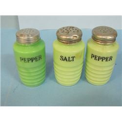Lot of 3 salt & pepper shakers - green jadite