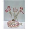 Image 1 : A THREE TRUMPETED GLASS CRANBERRY OVER VASELINE GLASS EPERGNE, the base with wavy rim 100 - 150...