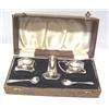 Image 1 : A SILVER CRUET, comprising of pepper pot, mustard and salt, both with blue glass liners and mustard.