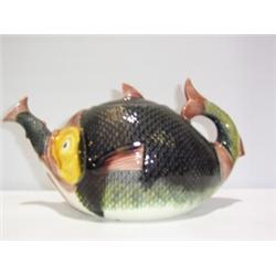 A STAFFORDSHIRE MAJOLICA TEAPOT, the spout shaped as a small fish being swallowed. C.1900 100 - 150.