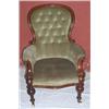 Image 1 : A VICTORIAN MAHOGANY ARMCHAIR, with spoon button back, upholstered arms, on turned legs & castors 2.