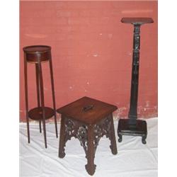 AN OAK STOOL, with carved fret work aprons, square top with open handle, early 1900's 80 - 100...