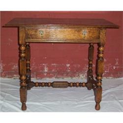 AN OAK SIDE TABLE, with drawer & brass tear drop handles, on ball & filleted legs. 'H' Stretchers 2.