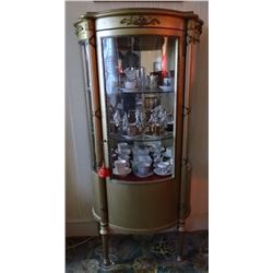 Curved glass china gilded cabinet, 55” h x 27” w x 14” d