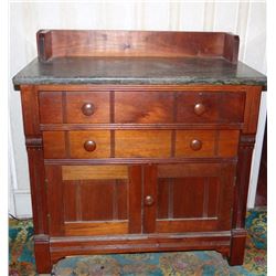 Walnut commode w/brown marble top, 32” h x 30”w x 12” d
