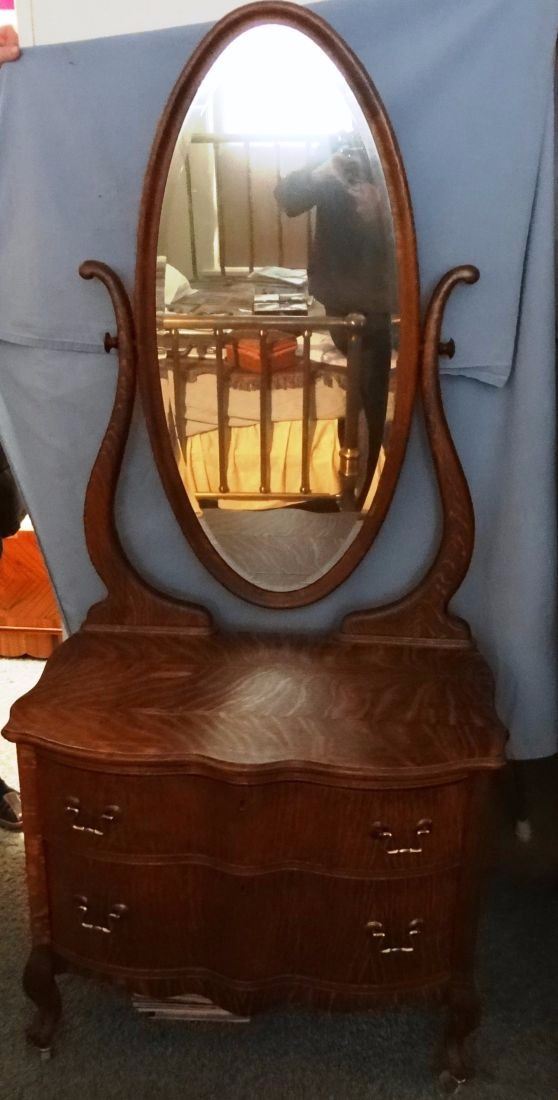 Oak serpentine lowboy dresser w/beveled mirror, ¼ sawn top, 71” h x 33” w