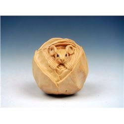 Japanese Hand Carved Sculpture Mouse Wrapped Cabbage