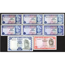 Bank Negara Malaysia, Banknote Group of 8 Notes from 1967 to 1976 Issues.