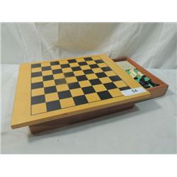 VINTAGE WOOD CHESS SET SLIDING DRAWER