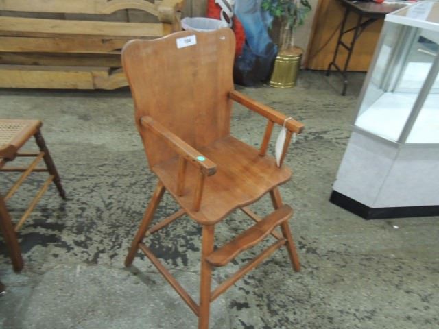 antique wooden high chair with metal tray