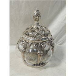 BEAUTIFUL HEAVY GLASS METAL JAR UNMARKED