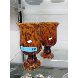 Pair (2) Leopard Print Amber Glass Stem Vases 11"X 6"