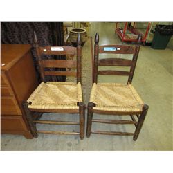 Pair of wood chairs with woven rush seats