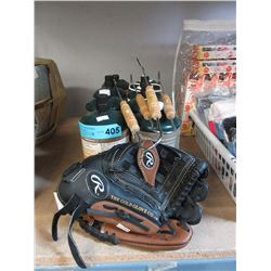 8 Small propane cylinders, baseball glove & tongs